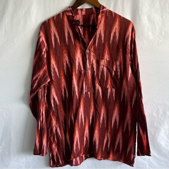 Women's Red Boho Printed Long Sleeve Button Front Top - Picture 2 of 8